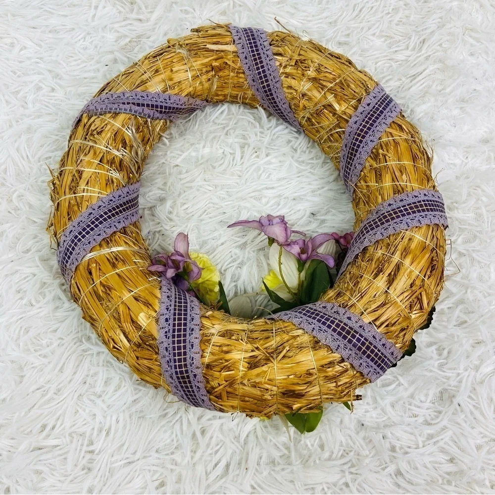 UNBRANDED vintage tan wicker rattan flower floral small retro wreath